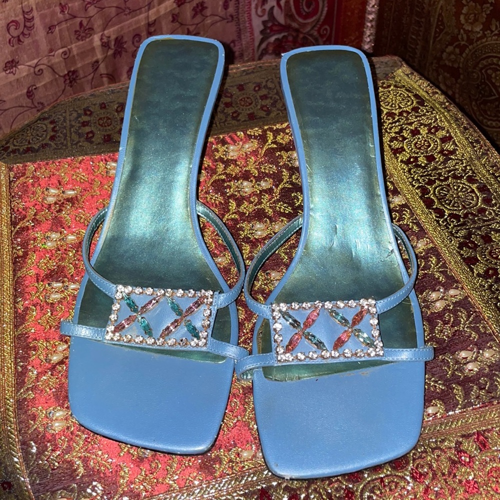 Blue square toe heels